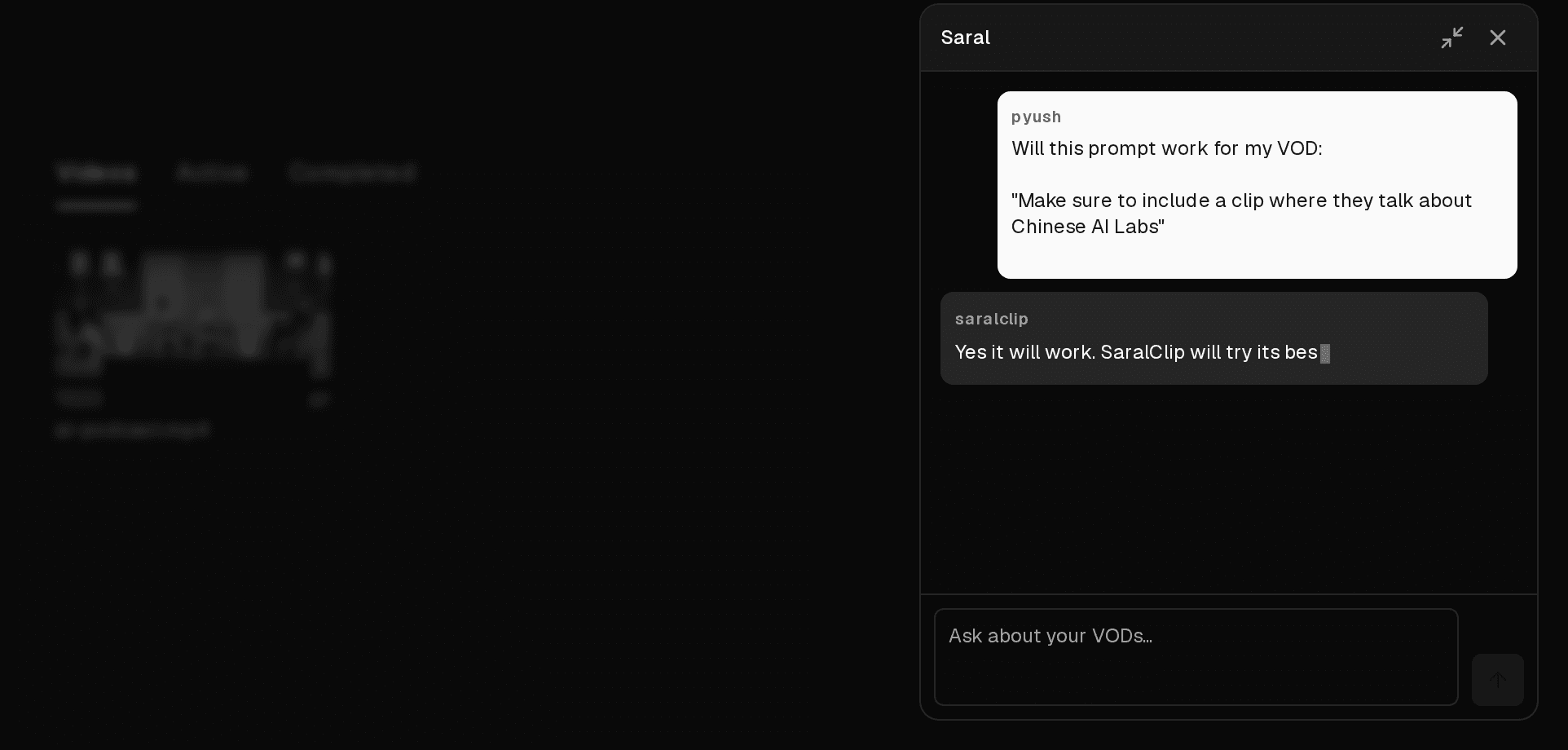 Chat demo showing AI-assisted clip search
