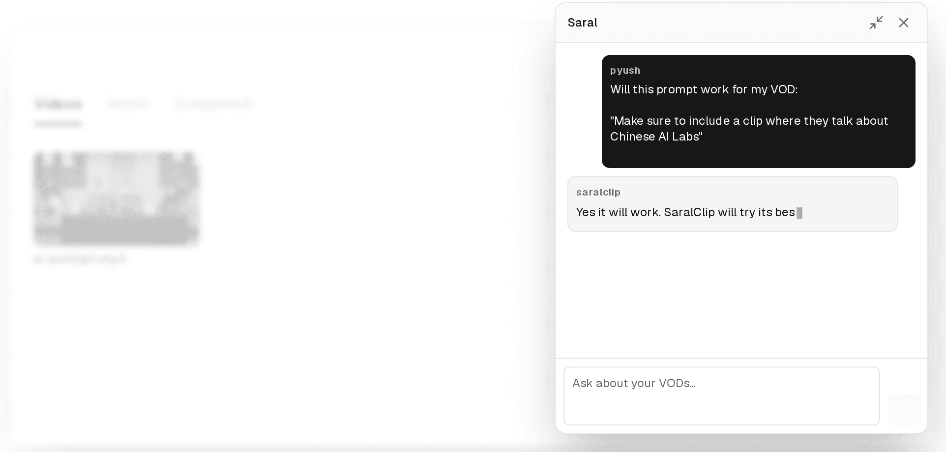 Chat demo showing AI-assisted clip search
